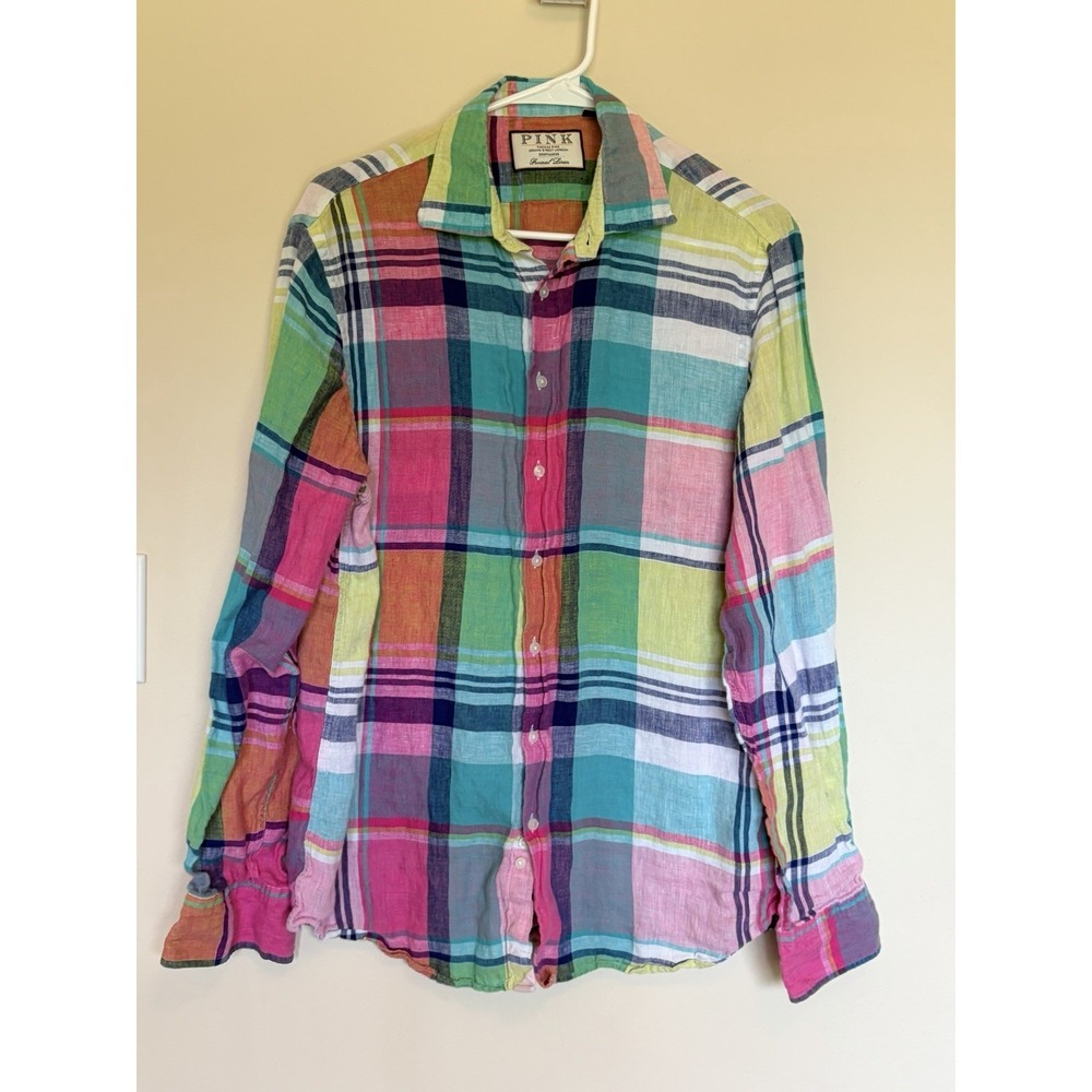 Thomas Pink Multicolor Colorful Spring Summer Formal Linen Button Up Shirt Large